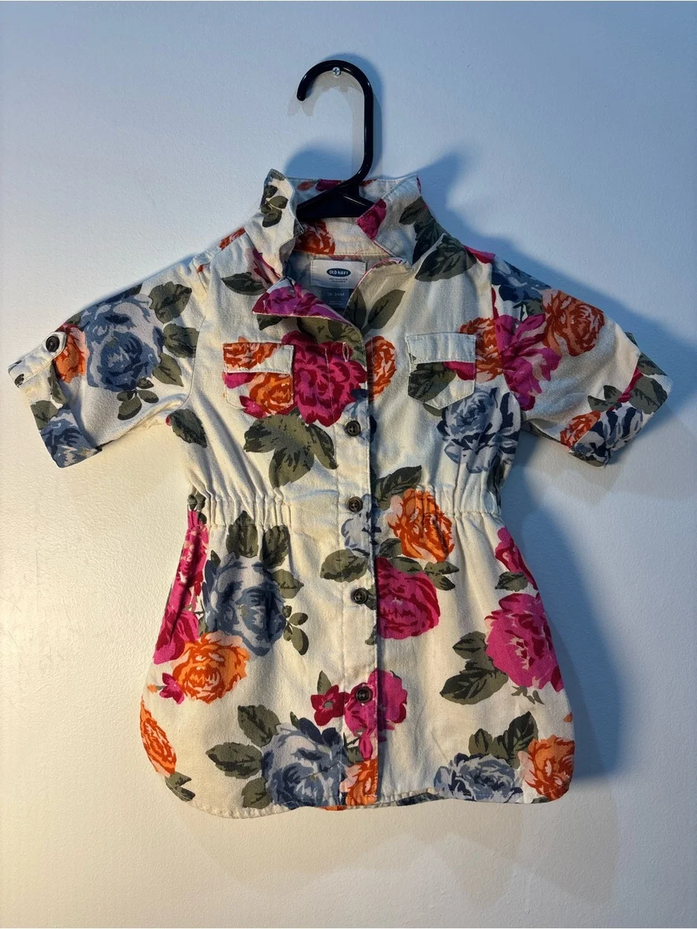 Old Navy Dress 18-24M Girls Floral Shirt Dress Beige Pink Blue Cottagecore